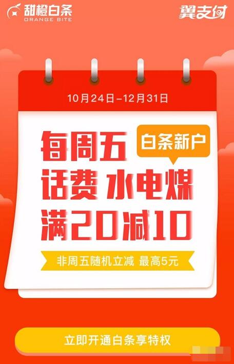 翼支付白条新用户每周五缴费满20立减10元 免费话费 优惠卡券 优惠福利  第2张