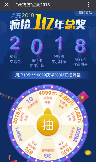 联通沃钱包点亮2018大转盘抽奖送0.88 4999元话费券 免费流量 免费话费 活动线报  第3张