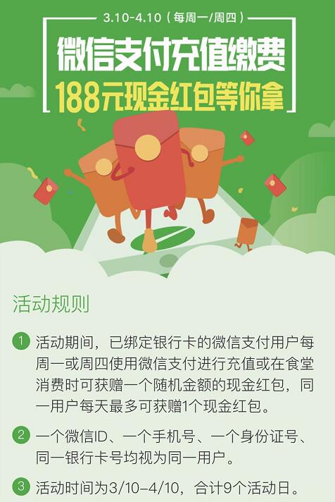 微信支付高校食堂充值缴费抽奖送最高188元微信红包 微信红包 活动线报 第3张 微信支付高校食堂充值缴费抽奖送最高188元微信红包 微信红包 活动线报 第3张