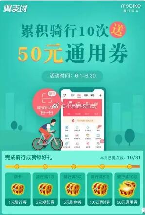 翼支付用户骑摩拜单车累计10次领最高50元翼支付券 优惠卡券 优惠福利  第1张