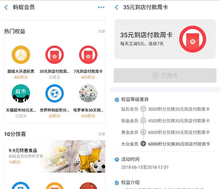 支付宝6000蚂蚁积分兑换35元到店付款红包周卡 支付宝红包 活动线报  第2张
