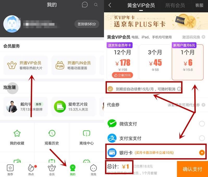 爱奇艺绑卡支付自动续费最低1元开通1个月爱奇艺会员 免费会员VIP 活动线报 第2张 爱奇艺绑卡支付自动续费最低1元开通1个月爱奇艺会员 免费会员VIP 活动线报 第2张