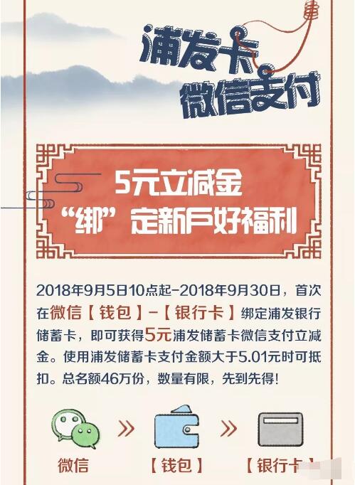 微信钱包绑定浦发银行卡送5元微信支付立减金 优惠卡券 优惠福利  第1张