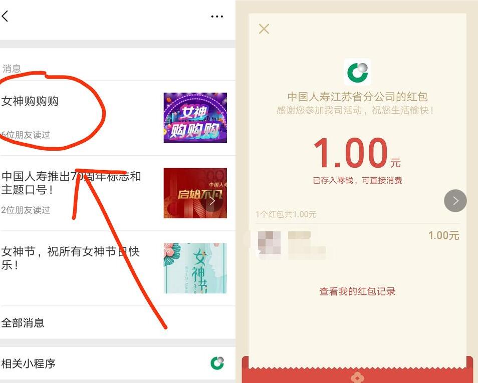 中国人寿江苏省分公司女神购购购送1元微信红包 微信红包 活动线报  第3张