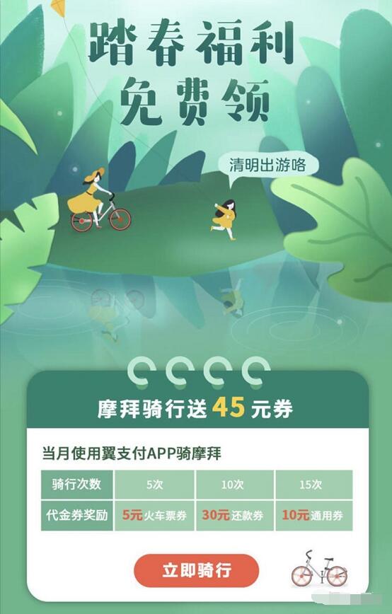 翼支付踏春福利骑摩拜单车送5元车票券30元还款券 优惠卡券 优惠福利  第3张
