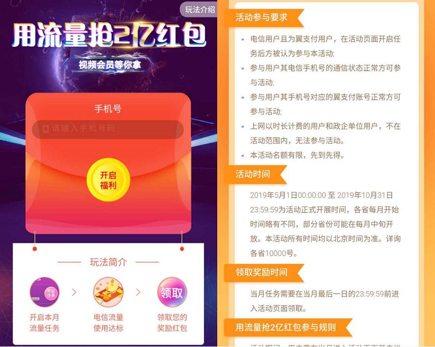 电信翼支付特定用户用流量抢2亿翼支付红包 优惠卡券 优惠福利  第3张