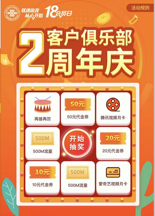 联通客户俱乐部2周年庆抽奖送500M联通流量 免费流量 活动线报  第3张