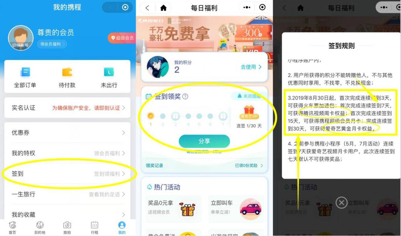 携程微信小程序签到送最高1个月爱奇艺会员 免费会员VIP 活动线报  第2张