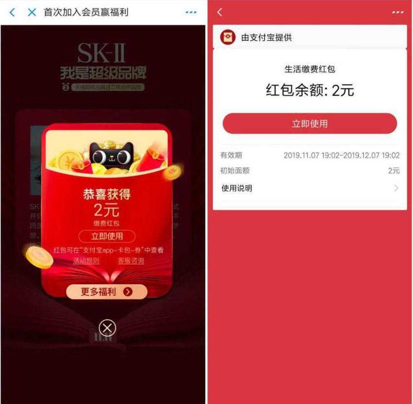 支付宝SK II首次加入会员送2元生活缴费券 优惠卡券 优惠福利  第3张