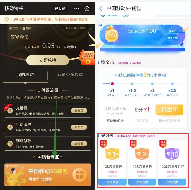 中国移动5G钱包查网龄金币兑换1 10G移动流量日包 免费流量 活动线报  第2张