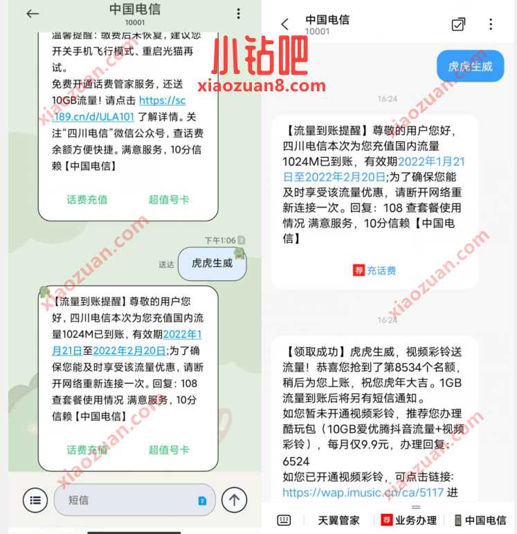 部分地区电信用户，发送虎虎生威领1G电信流量 免费电信流量 电信流量 免费流量 活动线报  第2张