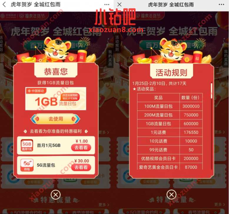 中国移动虎年贺岁全城红包雨,抽1G流量日包/优酷会员 免费移动流量 移动流量 免费流量 活动线报 第3张 中国移动虎年贺岁全城红包雨,抽1G流量日包/优酷会员 免费移动流量 移动流量 免费流量 活动线报 第3张