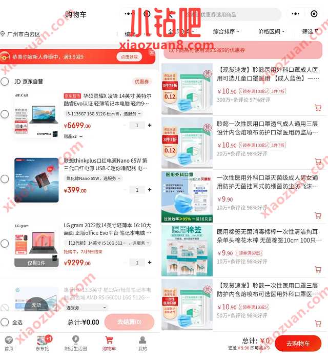 京东购物小程序领取9元券，0.9元撸医用口罩 免费实物 活动线报  第2张