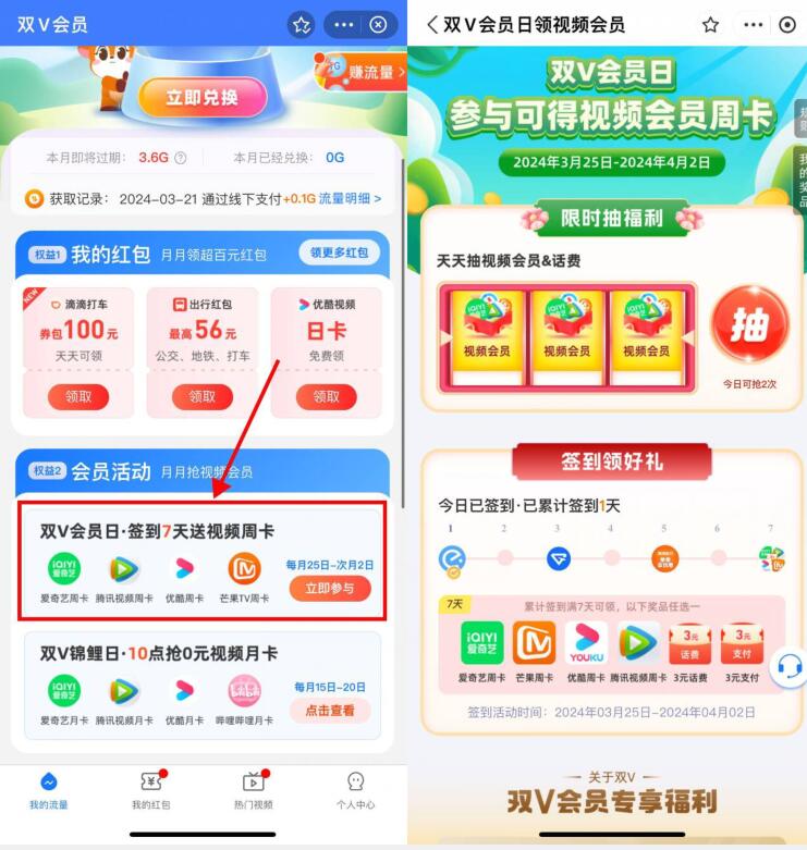 签到7天领取视频会员周卡，移动双V会员日 芒果TV会员活动 腾讯视频会员活动 优酷会员活动 爱奇艺会员活动 视频会员活动 移动活动 活动线报  第1张