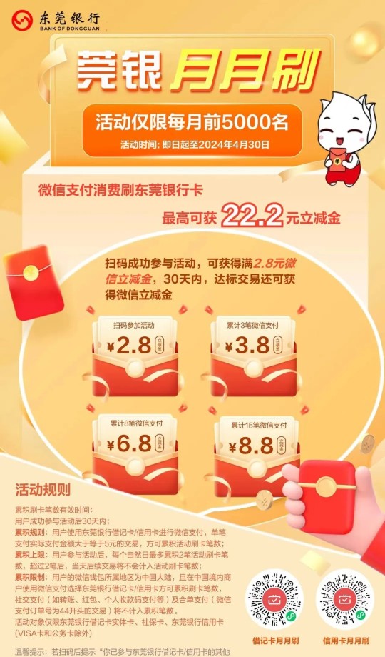 微信立减金22.2元，东莞银行微信月月刷 微信月月刷活动 东莞银行活动 微信立减金活动 活动线报  第1张