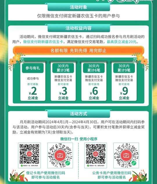 微信立减金20元，新疆农信玉卡微信月月刷 新疆农信玉卡活动 微信月月刷活动 微信立减金活动 活动线报  第1张