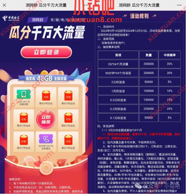 抽48G电信流量,安徽电信测网龄瓜分千万大流量 电信活动 流量活动 流量 活动线报 第1张 抽48G电信流量,安徽电信测网龄瓜分千万大流量 电信活动 流量活动 流量 活动线报 第1张