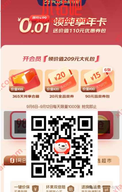 0.01元领纯享年卡，京东PLUS会员专享 京东活动 1号店纯享卡 会员 活动线报  第1张
