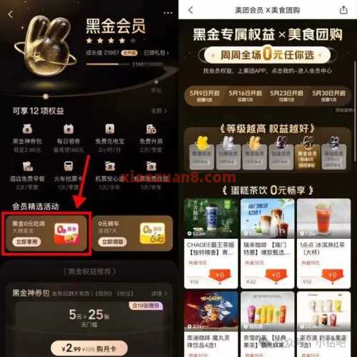 0元霸王茶姬等奶茶，美团黑金会员每周专属权益 美团 活动线报  第1张