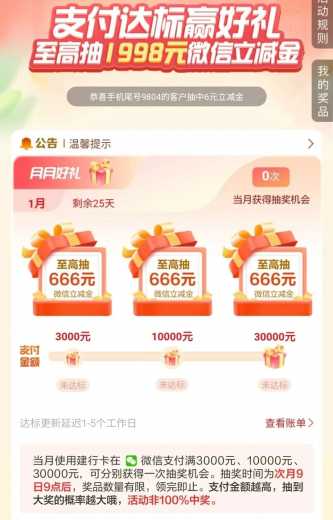 1998元立减金，建行支付达标赢好礼攻略